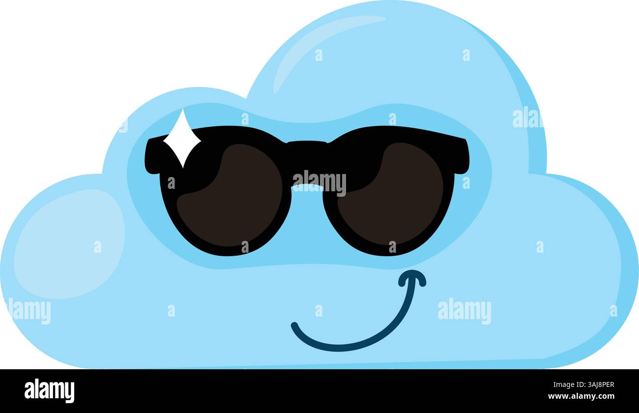 Bleu Confidence Emoji Cloud avec lunettes de soleil noires. Élément de conception pour les prévisions météorologiques des enfants. Icône drôle d'enfants. Isolation d'un élément vectoriel de dessin animé simple Illustration de Vecteur
