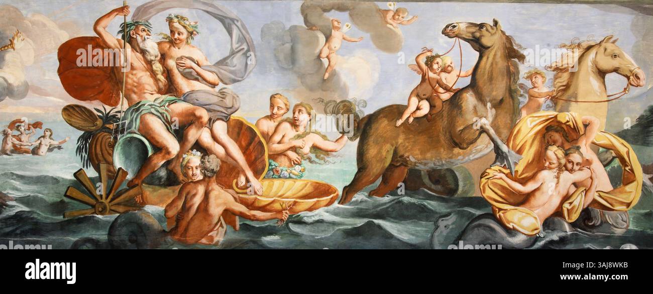 'Pozejdon in Amfitrita' de Franiek Karel Remb, peint en 1703, illustre les dieux mythologiques Poséidon et Amphitrite. L'œuvre de style baroque capture les figures divines dans une composition expressive et dramatique. Banque D'Images