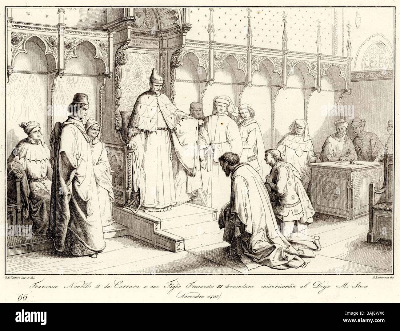 Francesco Novello da Carrara et son fils Francesco III demandent la clémence au doge Michele Steno en novembre 1405. Banque D'Images