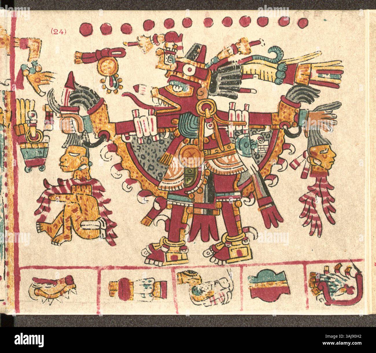 La page 24 du Codex Vaticanus B représente le Dieu aztèque Tzinacan, symbolisé par une chauve-souris. Le codex, un manuscrit précolombien important, illustre les divinités et les rituels aztèques dans des détails complexes. Banque D'Images