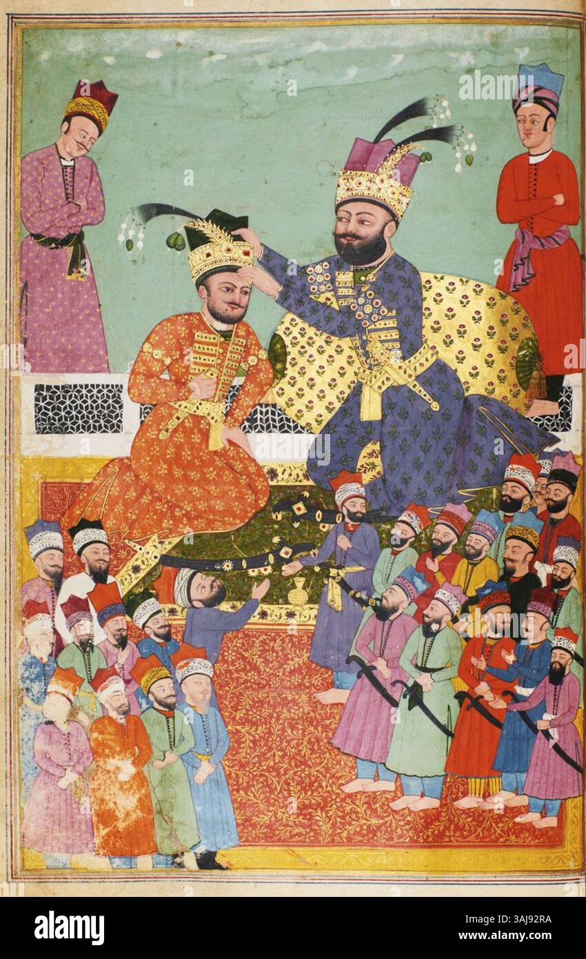 Cette illustration représente Nadir Shah nommant son fils, Riza Quli Mirza, prince régent en 1757-1758, avant de partir pour l'Inde. L'image fait partie du Jahan-gusha-ye Nadiri, un texte historique important documentant le règne de Nadir Shah. Il représente un moment clé dans le leadership et la planification de la relève de Nadir Shah. Banque D'Images