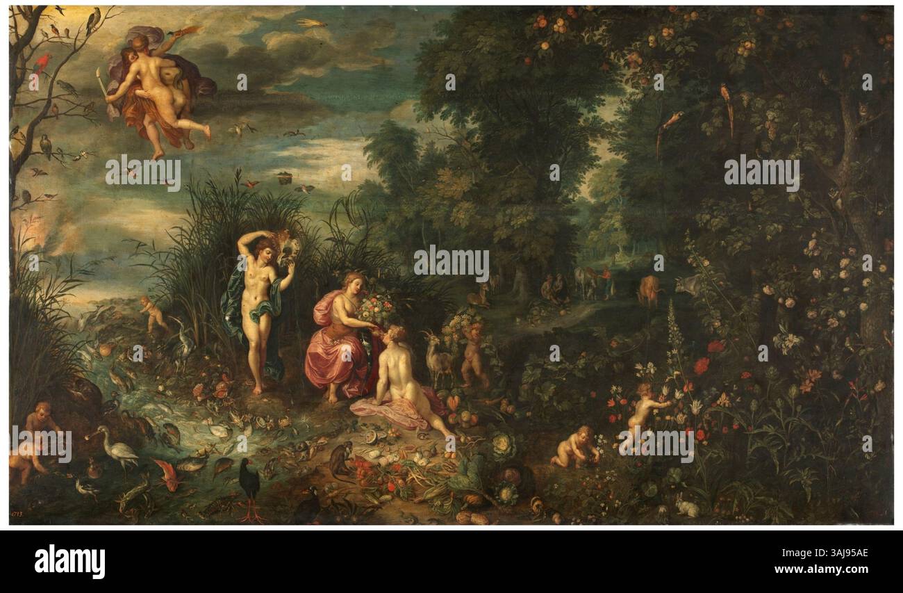 La peinture de Jan Brueghel le jeune, « L'abondance et les quatre éléments » (1616-1678), dépeint une représentation symbolique de l'abondance et des quatre éléments classiques : la terre, l'air, le feu et l'eau. Le travail met l'accent sur l'interconnexion de la nature et de la vie humaine. Peint à l'huile sur panneau, il est logé au Museo del Prado. Banque D'Images