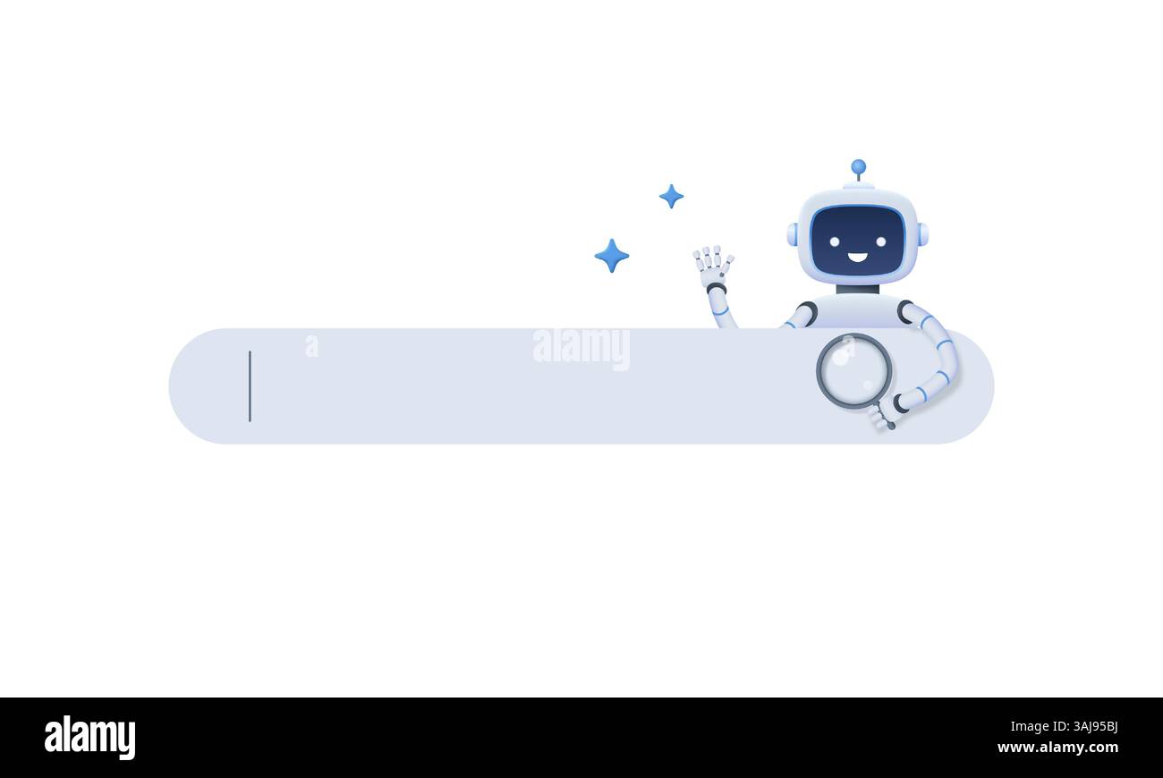 Personnage chatbot avec barre de recherche. Aide et support AI avec information, seo, question. Support de l'intelligence artificielle, concept de service. Vecteur 3d il Illustration de Vecteur