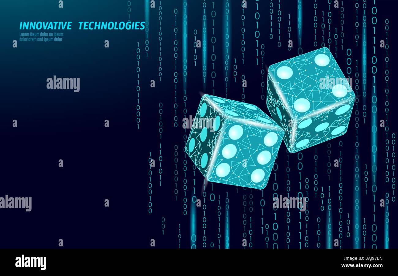 Fond de technologie de dés abstrait. Les polygones géométriques des dés numériques pleuvent. Investissements de crypto-chaîne de blocs de jeu appropriés. Fond sombre Illustration de Vecteur