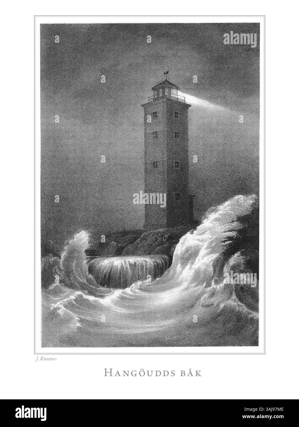 La lithographie Hangöudds båk de Johan Knutson de 1845 à 1852, qui fait partie de la série Finland framställdt i teckningar, représente un phare à Hangöodds, un élément important du paysage côtier de Finlande. Banque D'Images