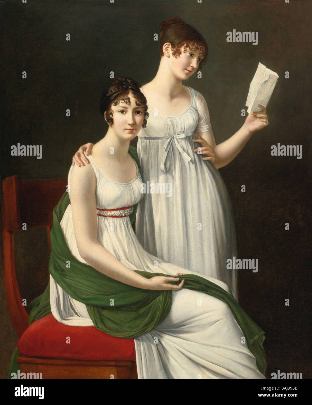 Le portrait d'Henri-François Riesener, réalisé vers 1800, représente deux jeunes femmes soupçonnées d'être la baronne Pichon et Mme de Fourcroy. L'œuvre met en évidence l'élégant portrait de Riesener des figures aristocratiques de la France de la fin du XVIIIe siècle. Banque D'Images