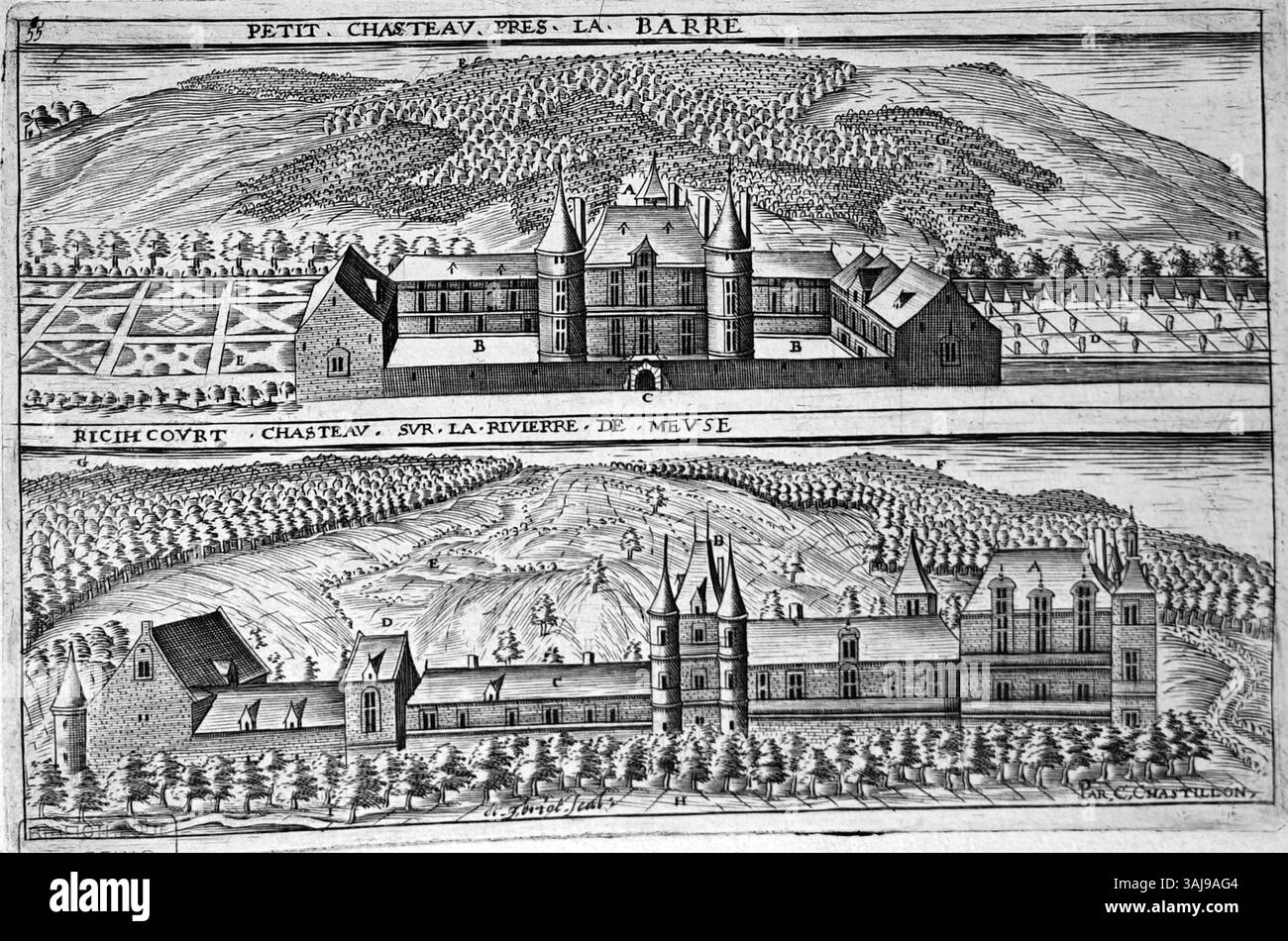 Cette réimpression de Claude Chastillon met en scène Richecourt-sur-Meuse, gravure du XVIe siècle. Le travail de Chastillon capture la représentation détaillée des villes françaises à la Renaissance. Banque D'Images