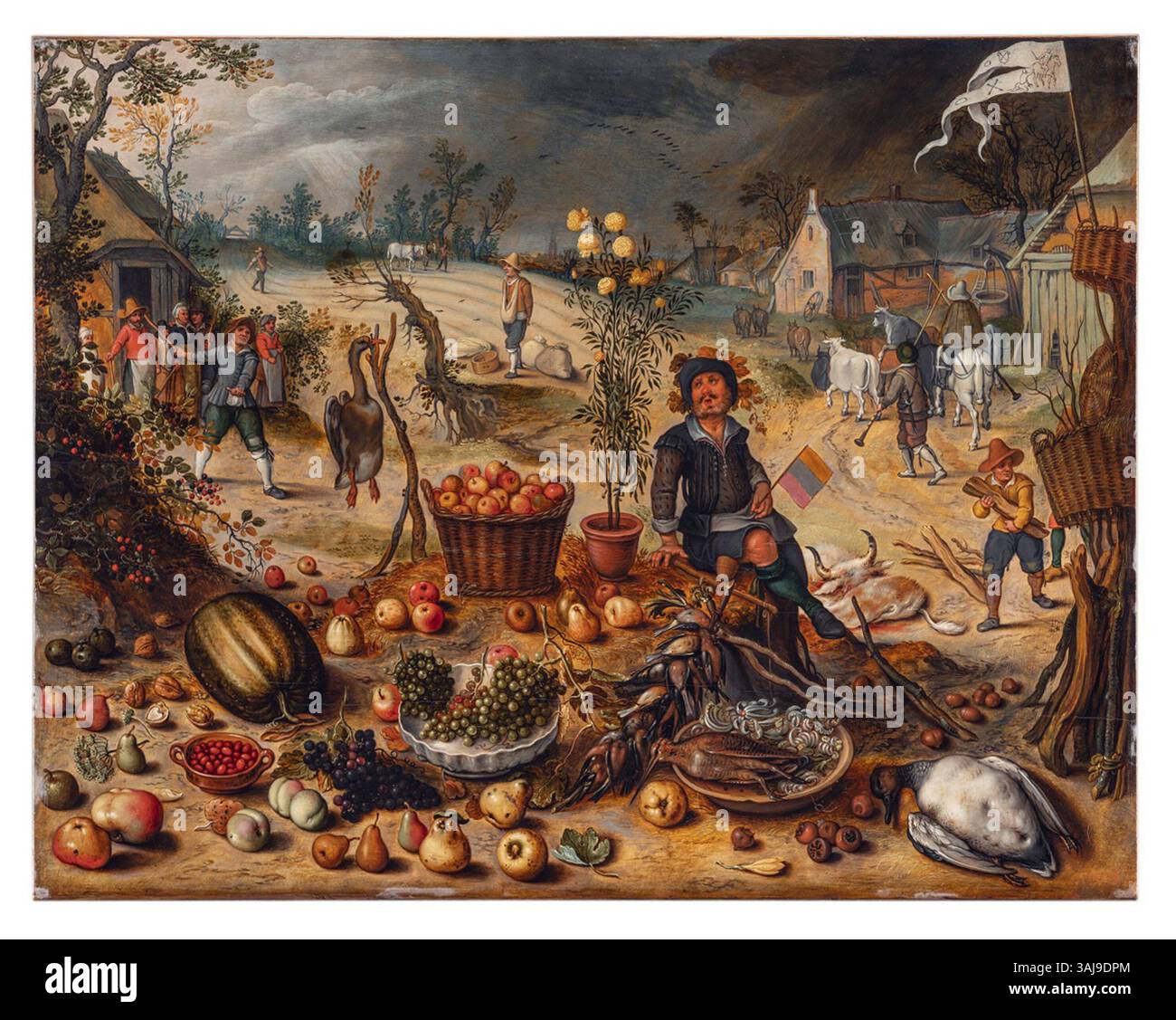 « Automne » de Sebastian Vrancx, peint vers 1620, fait partie de sa série sur les quatre saisons. Cette huile sur panneau représente la saison des récoltes avec des couleurs automnales vibrantes et des scènes de genre détaillées, reflétant la maîtrise de Vrancx du paysage et du genre entier Banque D'Images