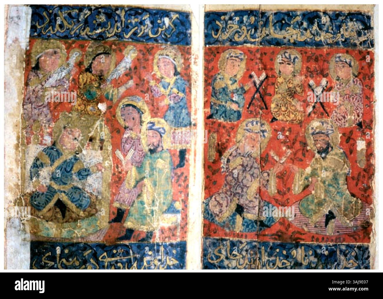 Le frontispice du manuscrit 'Kalila wa Dimna', attribué à l'Iran vers 1300, met en valeur le style artistique persan avec un design complexe. Il fait partie d’une célèbre collection de fables qui offrent des leçons de morale à travers des animaux anthropomorphisés. Banque D'Images