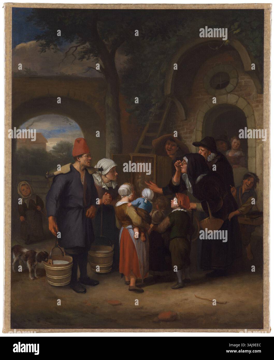 Une peinture d'un disciple de Jan Havicksz. Steen, peut-être Richard Brakenburgh, montrant une démonstration de figures de cire. L'huile sur toile de 1685-1695 environ capture une scène de genre animée. Banque D'Images
