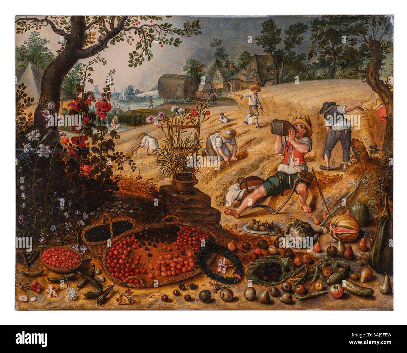 « L'été » de Sebastian Vrancx, peint vers 1620, dépeint la saison avec des paysages luxuriants, une verdure vibrante et des scènes d'activité agricole. L'huile sur panneau souligne la chaleur et la productivité de l'été à travers des scènes de genre détaillées. Banque D'Images