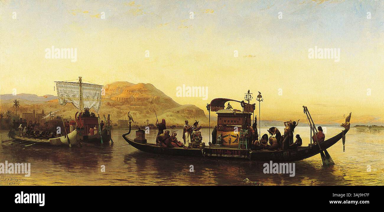 Le tableau de Frederick Arthur Bridgman de 1877, « funérailles d'une momie sur le Nil », représente un ancien cortège funéraire égyptien. L'huile sur toile capture la grandeur du rituel avec des détails vifs et un éclairage d'ambiance. Banque D'Images