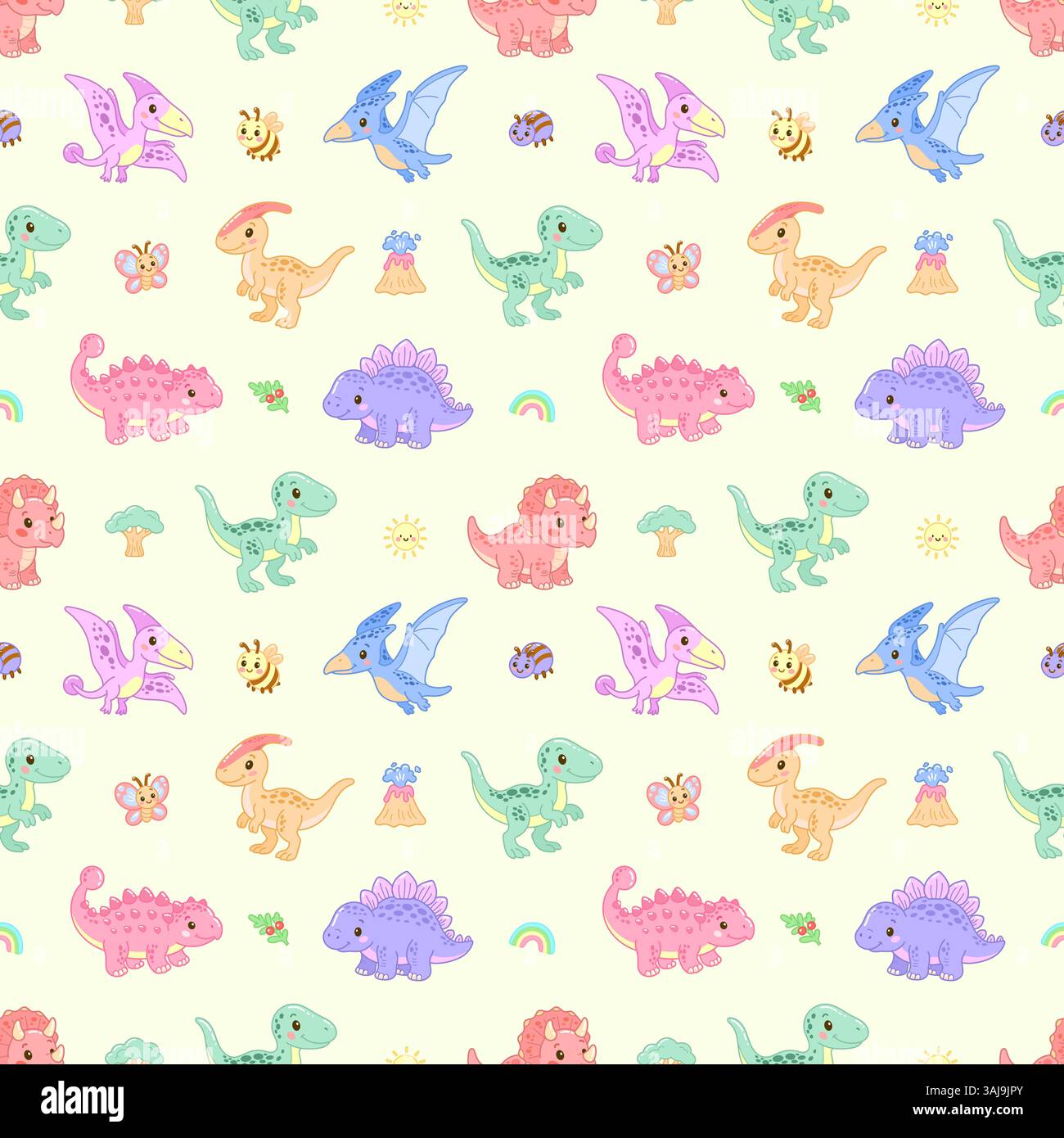 Modèle sans couture de dinosaures colorés de dessins animés, d'insectes, de volcans et d'arcs-en-ciel sur un fond doux Illustration de Vecteur