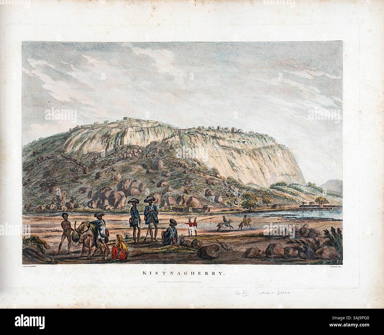 Cette estampe aquatinte de Sir Alexander Allan, datant de 1794, présente le fort de Kistnagherry à Mysore. L'œuvre d'art, qui fait partie de « Views in the Mysore Country », dépeint la position stratégique du fort au sommet d'imposants rochers de granit, illustrant son importance historique pendant les guerres anglo-Mysore. L'importance du fort en tant que bastion militaire est décrite avec des détails remarquables. Banque D'Images Cette estampe aquatinte de Sir Alexander Allan, datant de 1794, présente le fort de Kistnagherry à Mysore. L'œuvre d'art, qui fait partie de « Views in the Mysore Country », dépeint la position stratégique du fort au sommet d'imposants rochers de granit, illustrant son importance historique pendant les guerres anglo-Mysore. L'importance du fort en tant que bastion militaire est décrite avec des détails remarquables. Banque D'Images