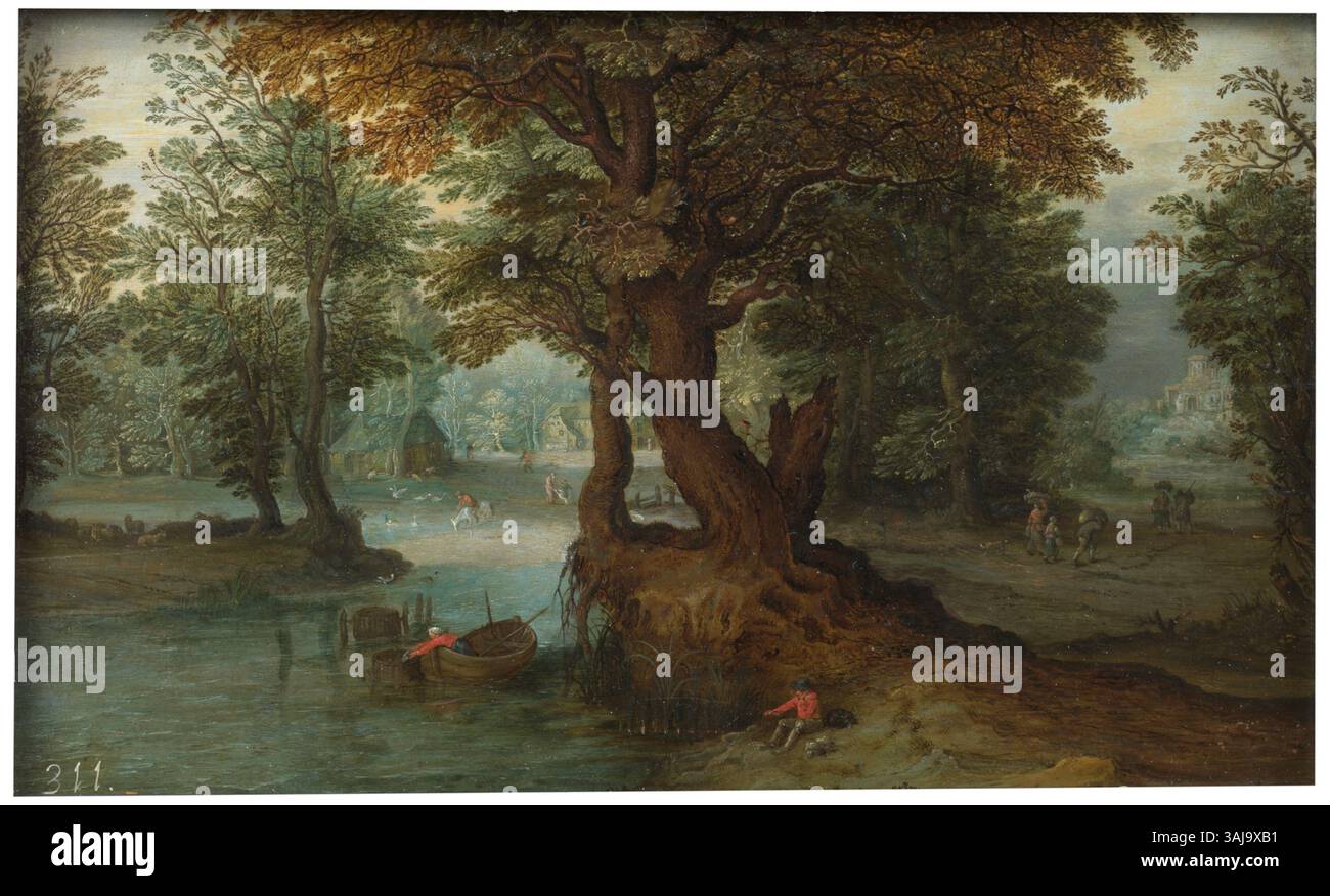 Cette peinture, intitulée 'Forest with a Pond', a été créée par Jan Brueghel le jeune entre 1616 et 1678. Le travail à l'huile sur panneau présente une scène boisée sereine avec un étang, mettant en valeur les paysages détaillés typiques du style de Brueghel. La composition capture la beauté naturelle des forêts, remplies de feuillage vibrant et d'eau calme, reflétant la période baroque flamande. Banque D'Images