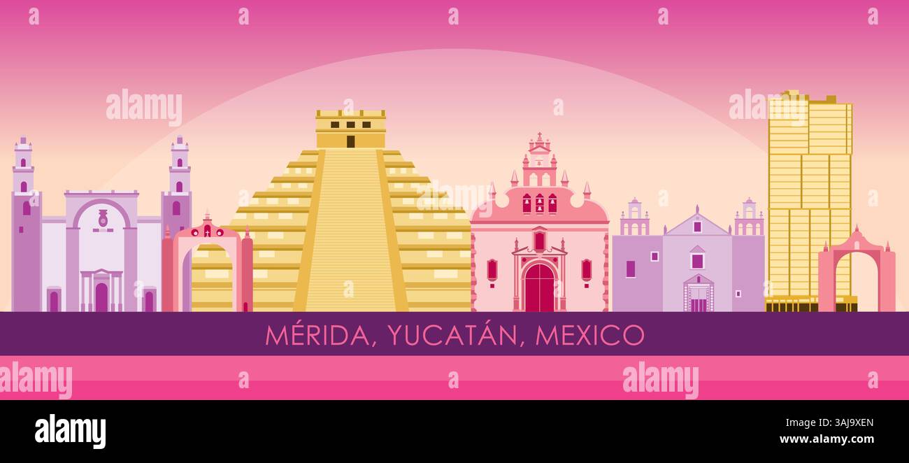 Sunset Skyline panorama de la ville de Merida, Yucatan, Mexique - illustration vectorielle Illustration de Vecteur