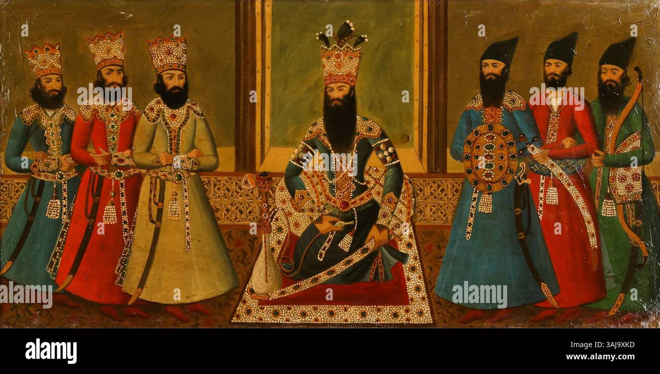 Cette peinture du XXe siècle représente Fath 'Ali Shah de la dynastie Qajar, assis en plein régalia parmi sa cour. La composition fait écho à des portraits royaux du XIXe siècle, à échelle réduite et style naïf. Banque D'Images