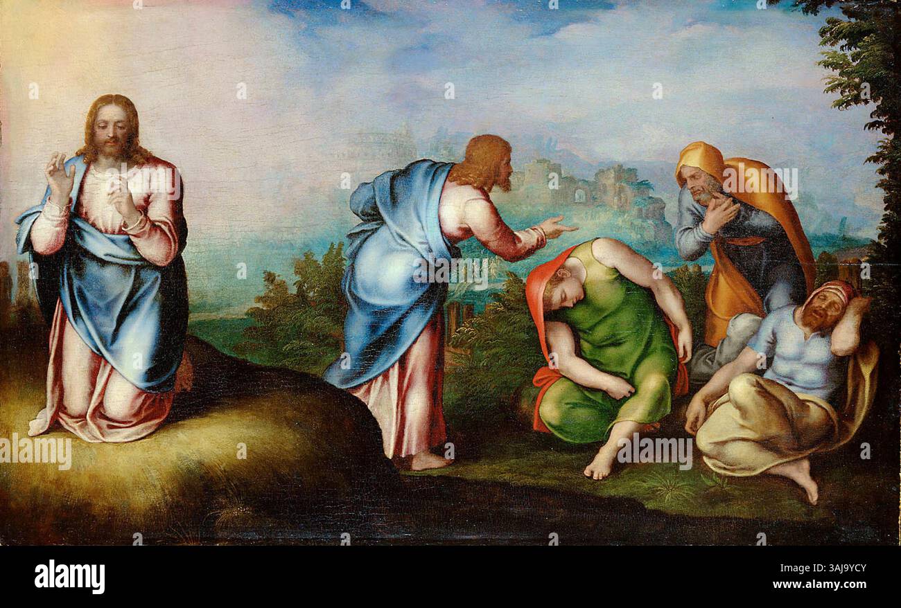 Cette peinture datant de 1560-1570, intitulée 'Christus am Ölberg' (Christ dans le jardin de Gethsémani), représente l'agonie du Christ dans le jardin, un moment clé de l'art religieux chrétien, conservé au Kunsthistorisches Museum. Banque D'Images