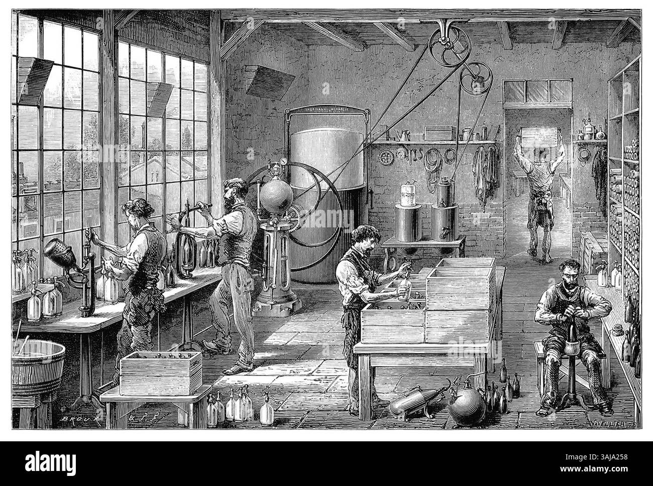 Cette gravure, réalisée par Louis Figuier, montre l'intérieur d'une usine d'eau gazeuse à la fin du XIXe siècle. Il détaille les machines et le procédé utilisés pour produire des boissons gazeuses, une innovation notable à l'ère industrielle. Banque D'Images