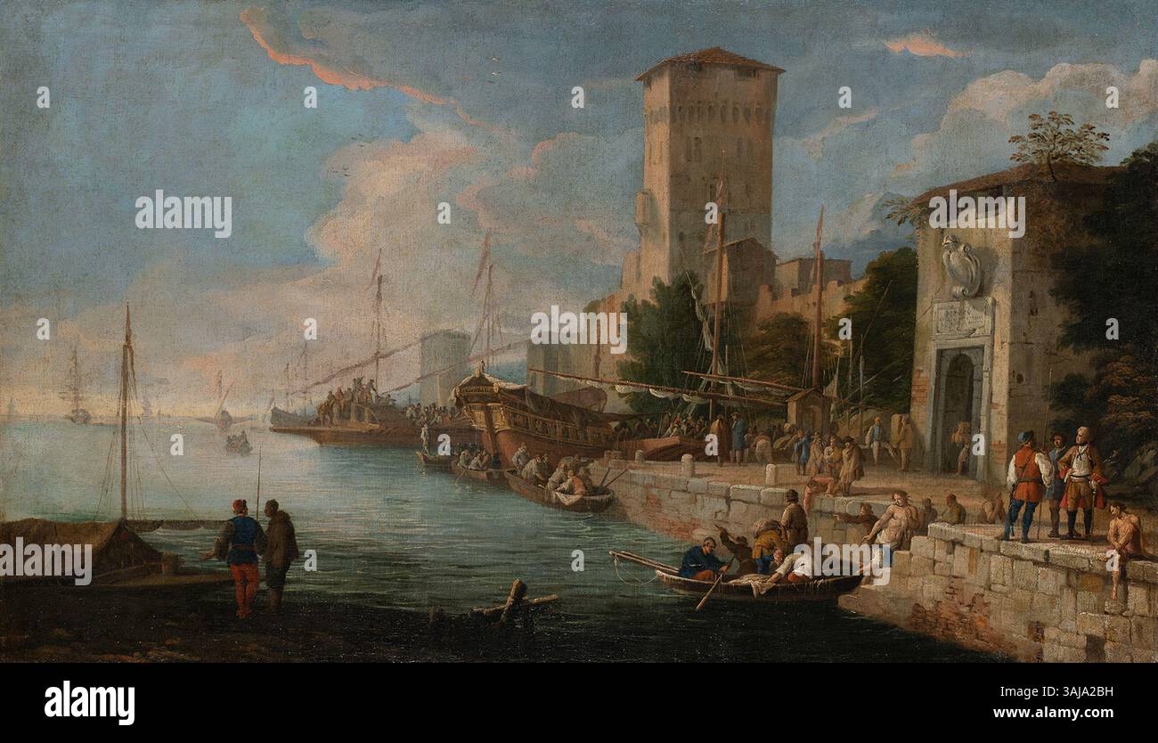 Le tableau de Luca Carlevarijs de 1705 représente une scène portuaire devant une ville fortifiée. L'huile sur toile capture l'activité maritime animée et la beauté architecturale de l'époque. Banque D'Images