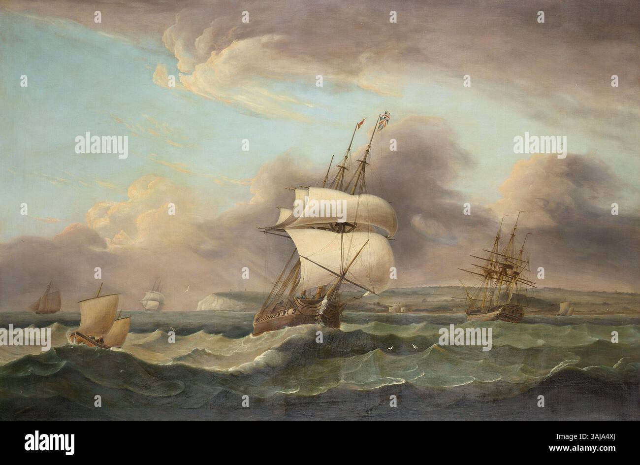 Peinture du XIXe siècle représentant une frégate britannique naviguant dans la Manche, représentée par un disciple de Thomas Whitcombe. Le navire est montré au large du château de Walmer, mettant l'accent sur les prouesses navales. Banque D'Images