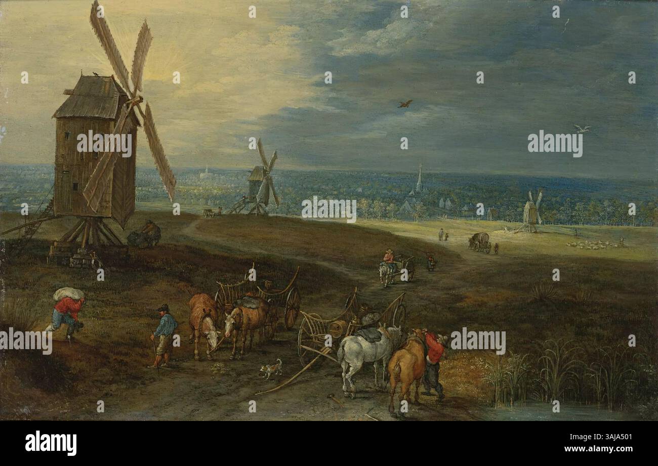 Vaste paysage avec des voyageurs devant un moulin à vent de Jan Brueghel le jeune, peint entre 1622 et 1678. Ce travail à l'huile sur cuivre capture un paysage rural serein avec des voyageurs passant devant un moulin à vent. Banque D'Images
