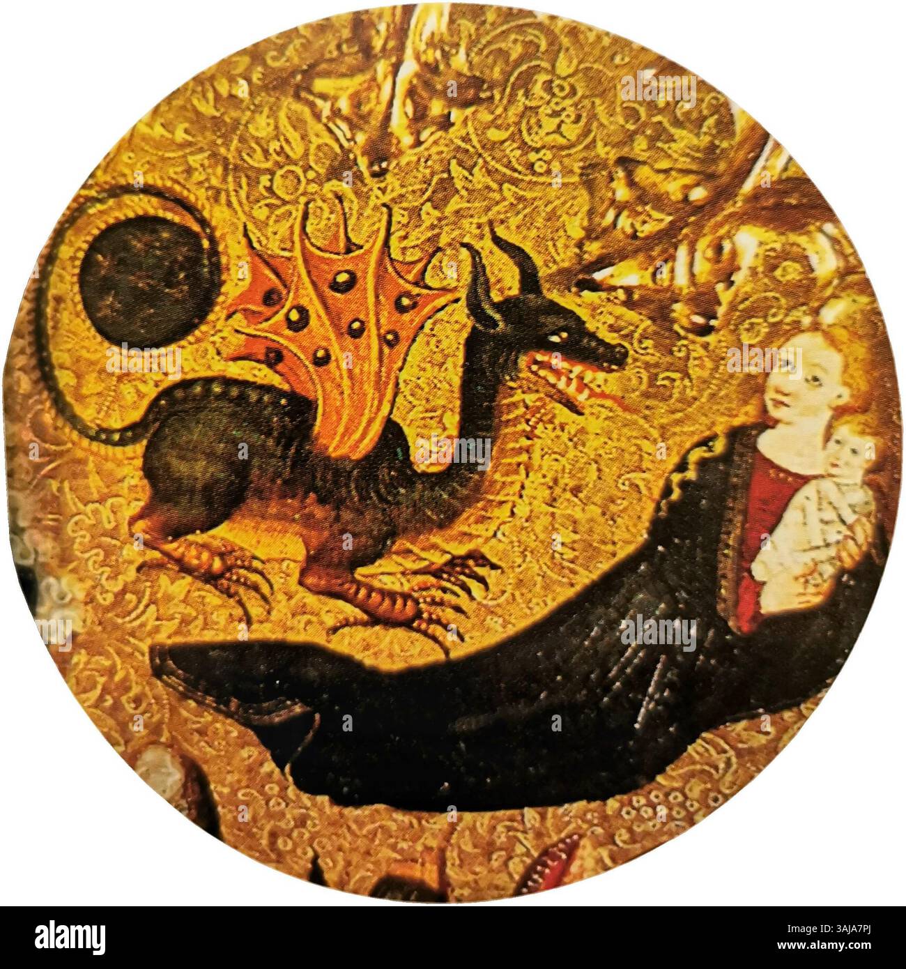 Ce tableau de 1450-1455 du Maître d'Aiguatèbia représente la vision de Saint Jean l'évangéliste sur l'île de Patmos. L'œuvre d'art détaillée, logée dans le Museu Nacional d'Art de Catalunya, dépeint les visions religieuses vécues par Jean, mettant l'accent sur sa rencontre spirituelle avec les révélations divines. Banque D'Images