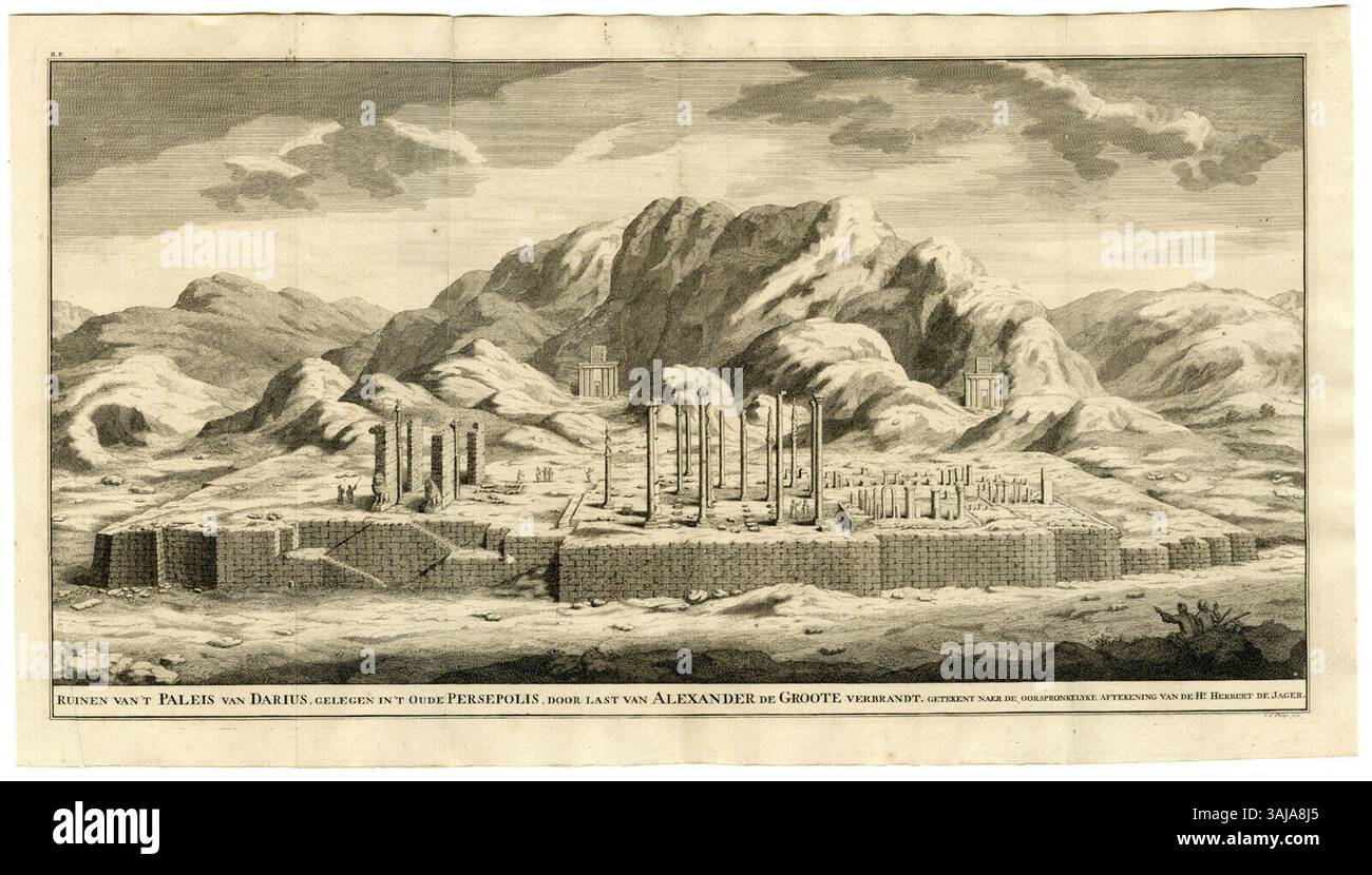 Cette gravure sur cuivre de 1724 montre un bâtiment de Persépolis, dessiné à l'origine par Philips Angel II en 1652. Il a été publié dans les anciennes et nouvelles Indes orientales par Françoise Valentijn, représentant l'architecture persane ancienne. Banque D'Images