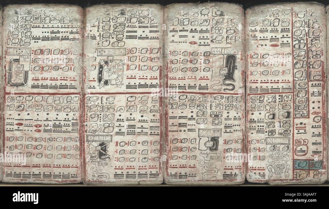 Les pages 58-61 du Codex de Dresde, datant d'environ 1200, décrivent un contenu astronomique et mathématique, y compris des tables d'éclipse, des tables de multiplication et un récit des inondations. Ces pages sont essentielles pour comprendre les connaissances avancées de la civilisation maya. Banque D'Images
