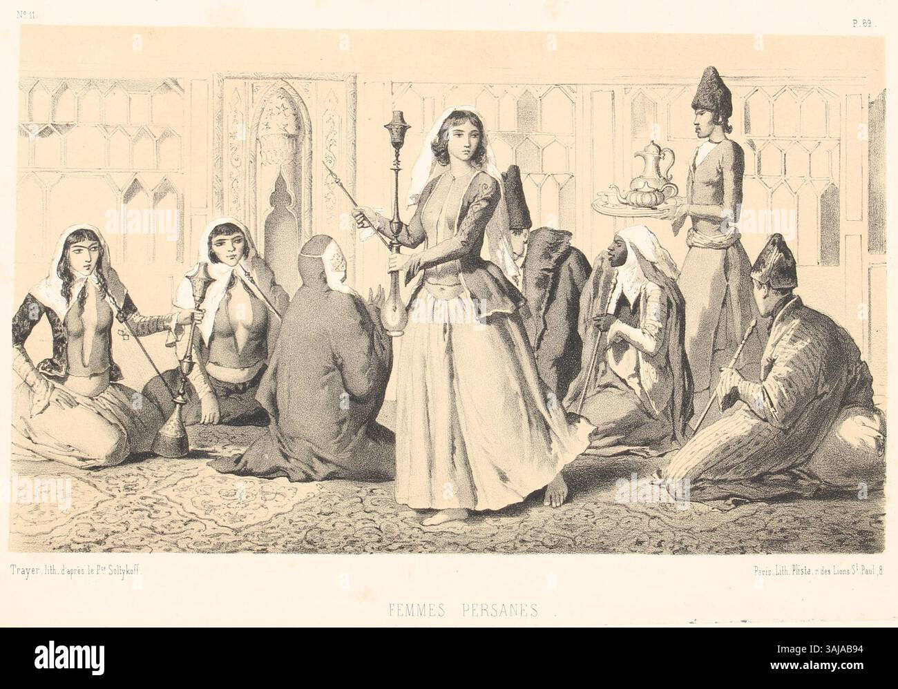 Lithographie représentant des dames persanes dans le palais du Shah dans le cadre de la série voyage en Perse. L'image représente des femmes persanes en tenue traditionnelle, donnant un aperçu de la vie de la cour persane au XIXe siècle. Banque D'Images
