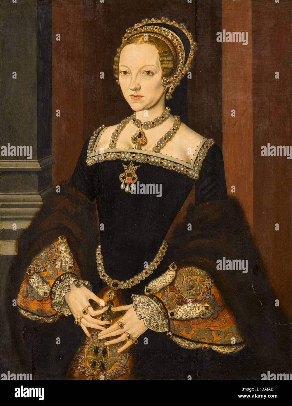 Attribué à Maître John, ce portrait du XVIe siècle représente Katherine Parr, la sixième épouse d'Henri VIII et reine d'Angleterre et d'Irlande. Peint sur panneau de chêne, l'œuvre reflète le style du portrait Tudor, capturant le statut royal et les caractéristiques de Parr. Banque D'Images