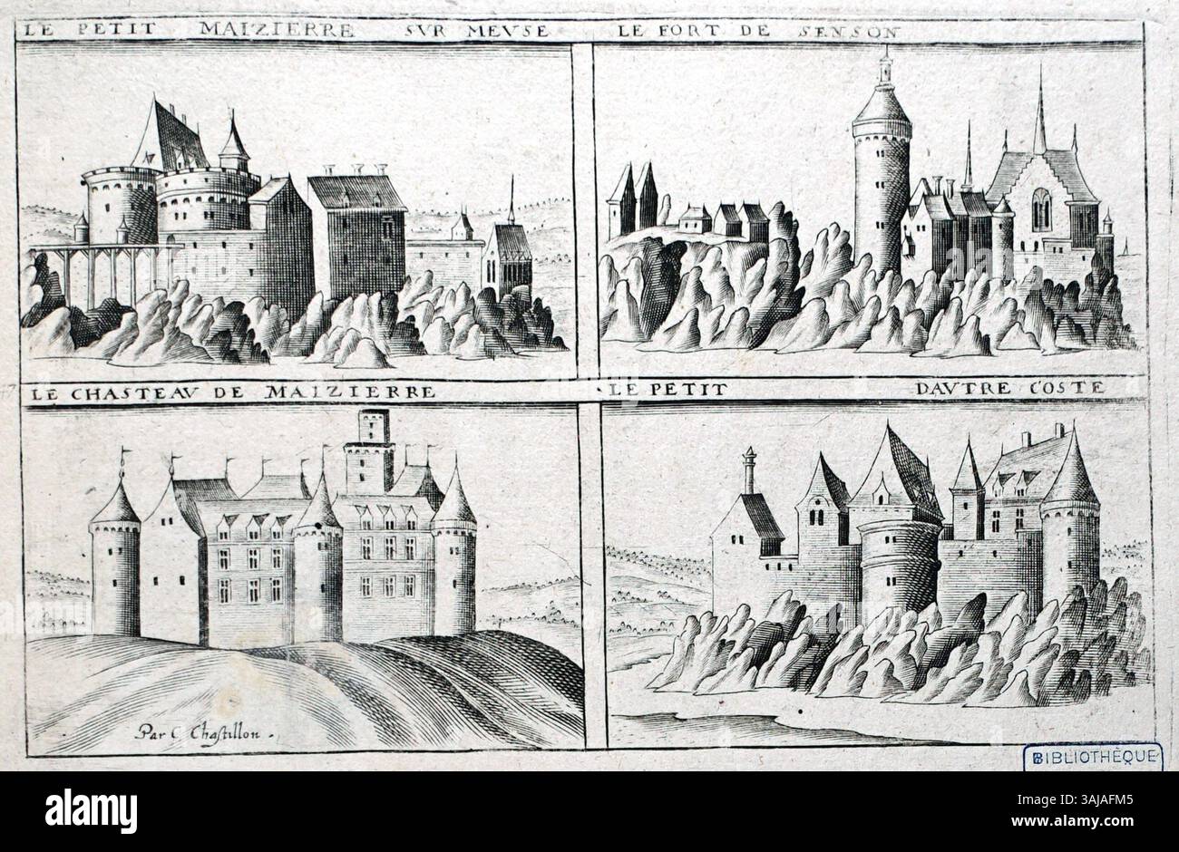 Claude Chastillon (1559-1616) conçoit cette gravure représentant Maizière-Senson, dérivée d’une estampe antérieure, offrant un aperçu des caractéristiques historiques et géographiques de la région. Banque D'Images