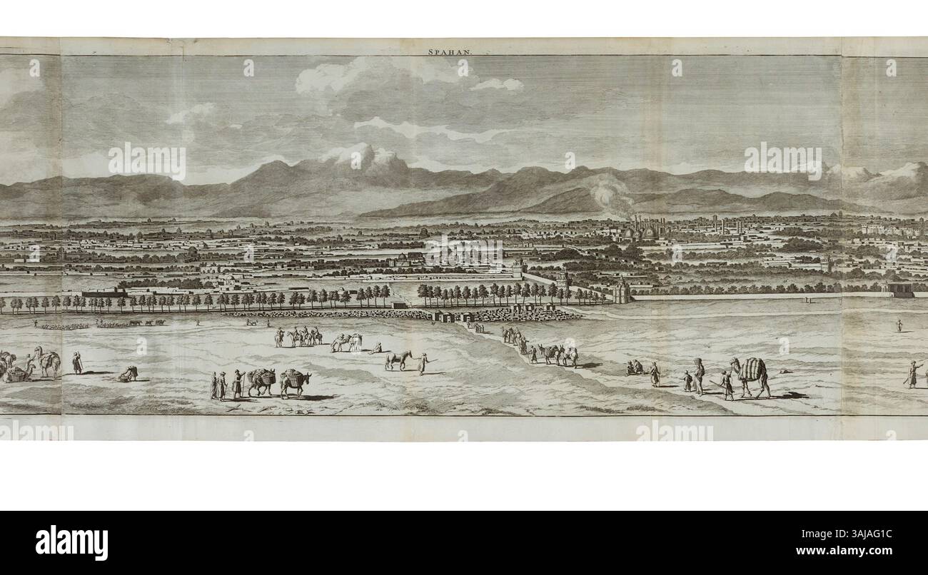 La gravure sur cuivre de Cornelis de Bruyn (1718) présente une vue panoramique sur Ispahan, mettant en valeur la grandeur architecturale de la ville. Ce travail met en valeur les paysages détaillés et les structures de la capitale safavide au début du XVIIIe siècle. Banque D'Images