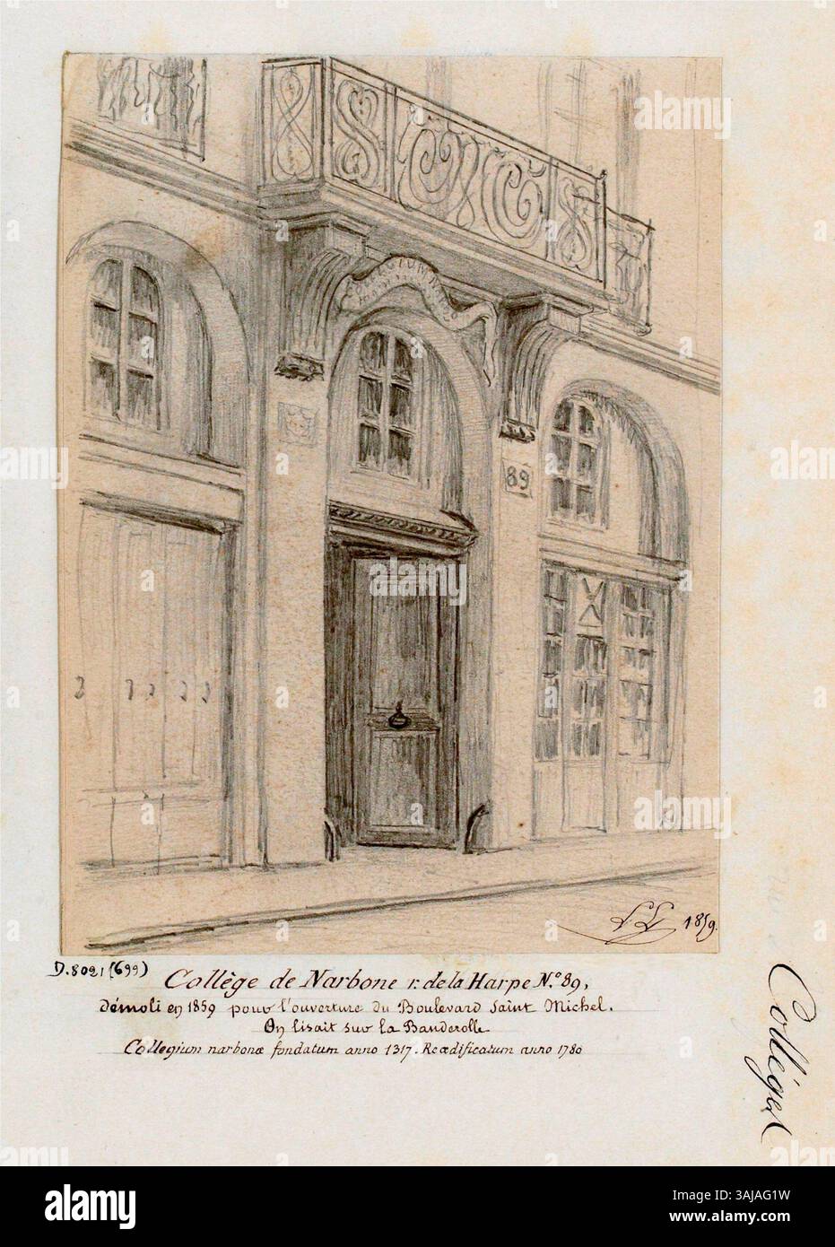 Cette image montre l'ancien collège de Narbonne au 89 rue de la Harpe à Paris, démoli en 1859 pour laisser place au boulevard Saint-Michel. Le collège a été acheté par Claude et Louise Dupin en 1766. Banque D'Images