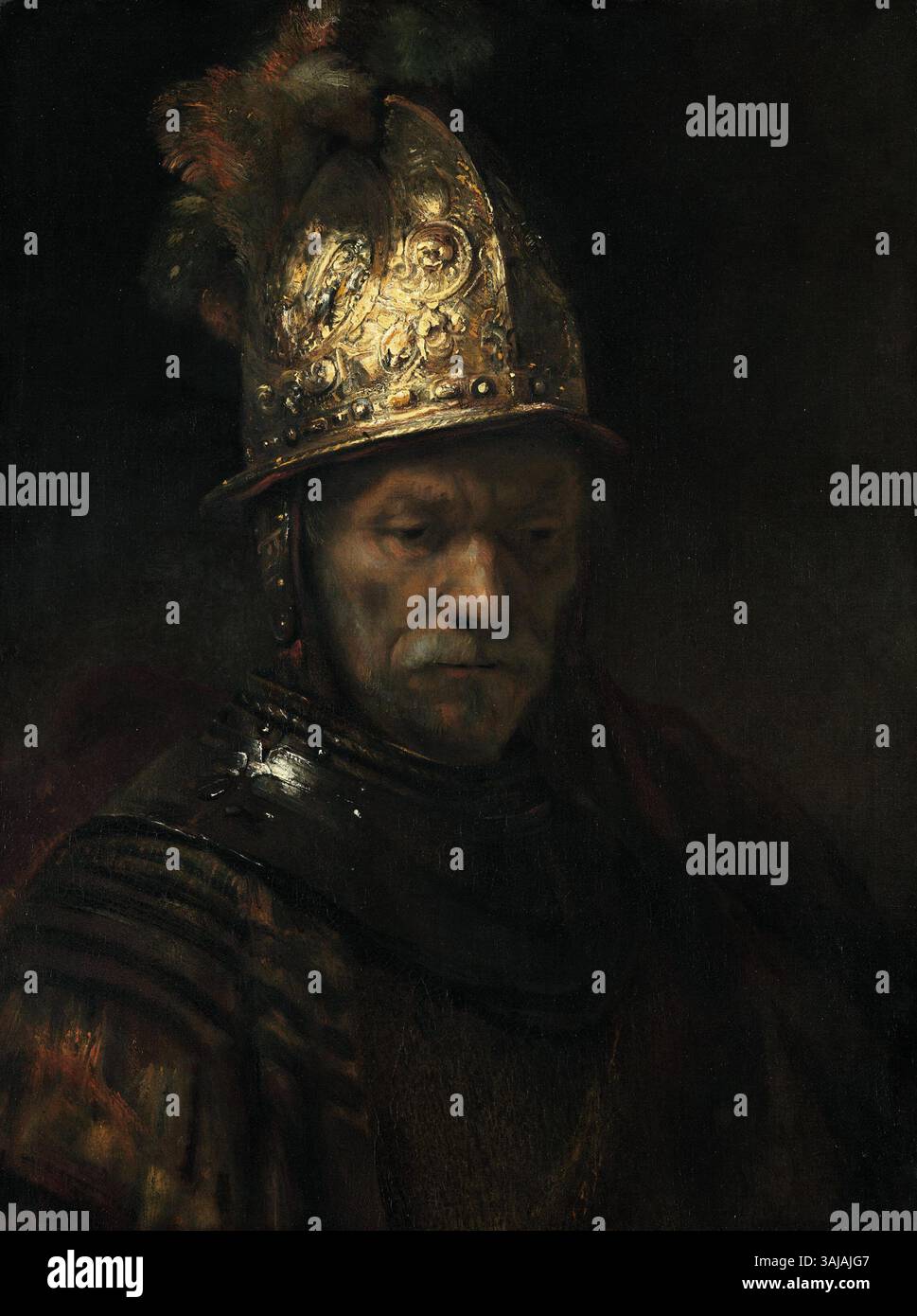 Ce portrait, connu sous le nom de « L'homme au casque d'or », représente un homme portant un casque doré orné, évoquant mystère et noblesse. L’identité du sujet reste incertaine, mais l’œuvre est admirée pour son réalisme détaillé et son utilisation évocatrice de la lumière et de l’ombre. Médium : huile sur toile, entre 1650 et 1660. Banque D'Images