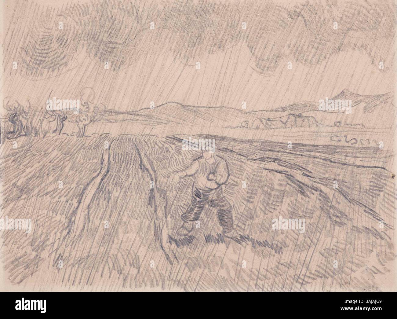 Le dessin « la pluie » de Vincent van Gogh, réalisé en 1890, représente un semeur travaillant dans un champ clos pendant la pluie. Créée au crayon et à la craie, cette pièce fait partie de la collection Museum Folkwang. Il est catalogué F1550 par faille et JH1897 par Hulsker. Banque D'Images