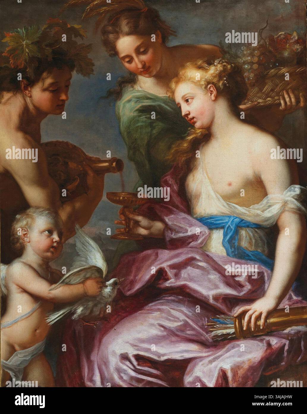 Le tableau *Sine Cerere et Baccho friget venus*, attribué à Jan van Dalen, est une huile sur toile créée entre 1630 et 1672. Il dépeint un thème classique sur la relation entre l'agriculture et la fertilité, symbolisé par Cérès et Bacchus. Banque D'Images