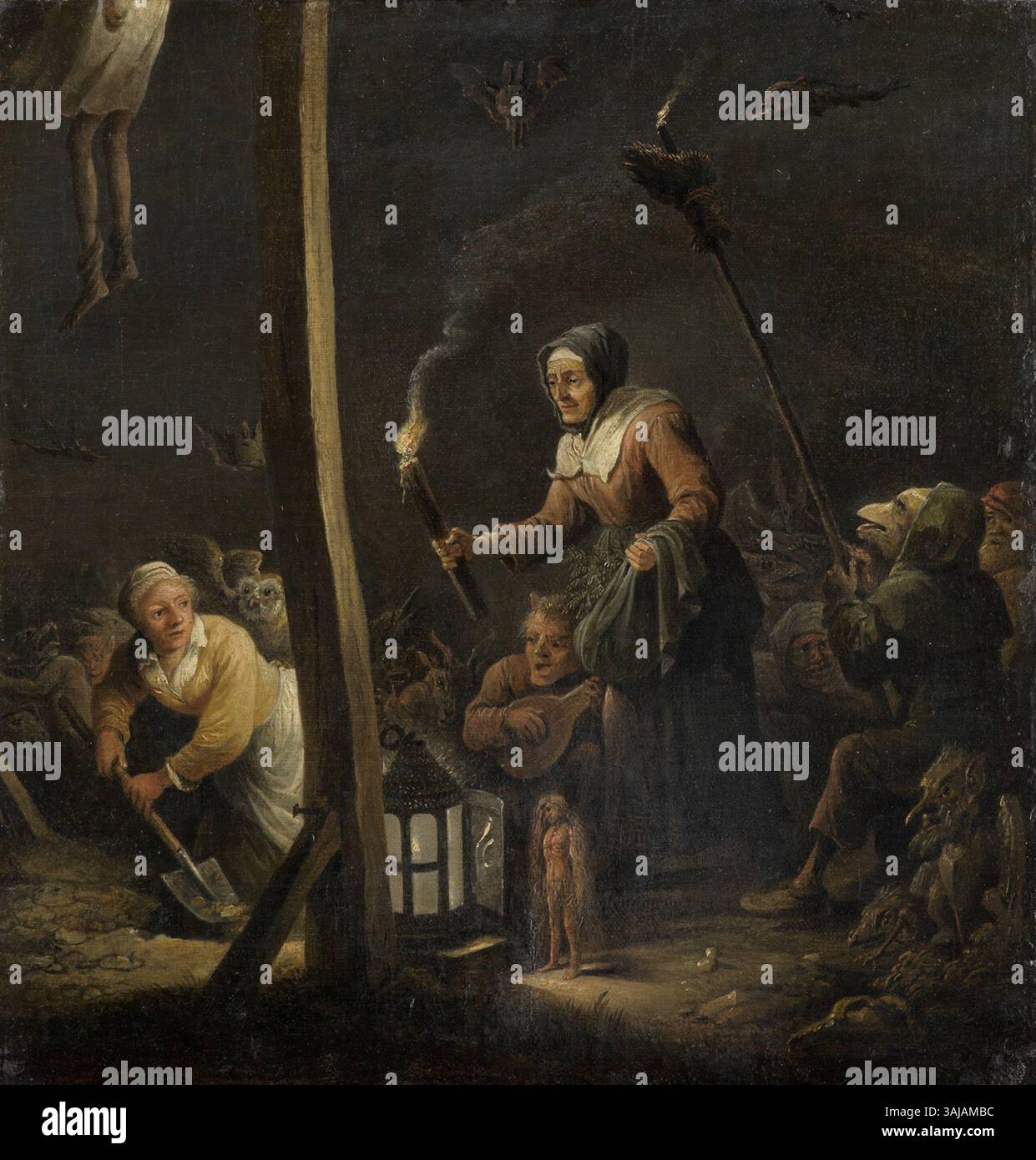 *Scène nocturne avec une sorcière* (vers 1675) de David Teniers II représente une sorcière creusant pour un mandrake à la potence. Le tableau, situé dans la Staatliche Kunsthalle à Karlsruhe, explore les thèmes de la sorcellerie et des scènes nocturnes, avec des détails complexes typiques de l'œuvre de Teniers. Banque D'Images
