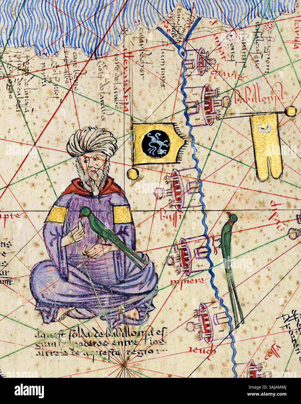 Cette représentation du Sultanat mamelouk de 1375 dans l'Atlas catalan montre le souverain et les drapeaux des Mamelouks, une dynastie historique importante en Égypte. Banque D'Images