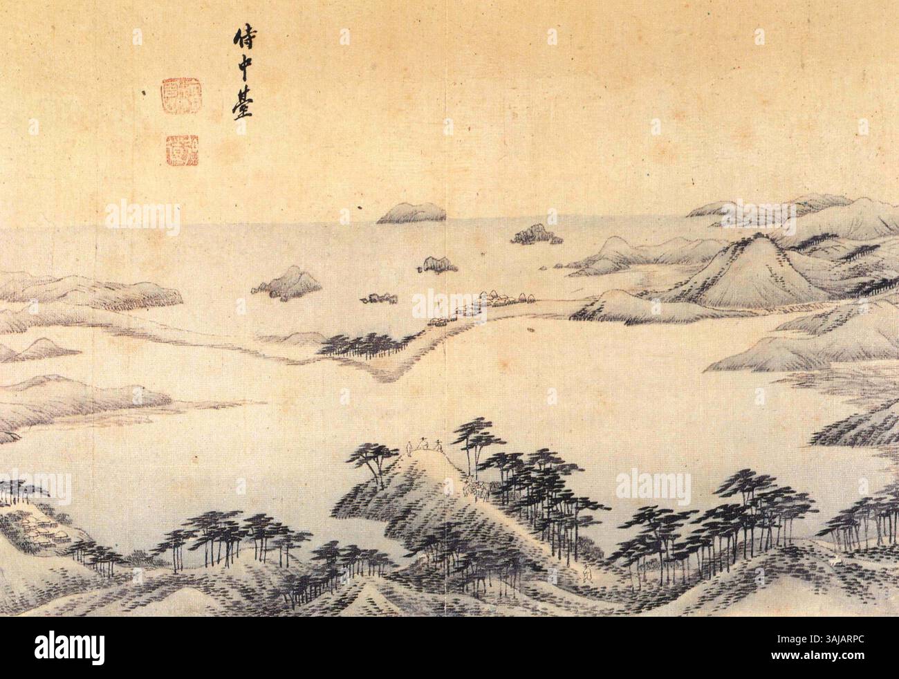 L’album paysage de Kim Hong-Do de 1788 présente la beauté saisissante de Mt. Geumgangsan, connu pour sa riche végétation et ses sommets rocheux. Son art capture l'harmonie sereine de la nature par des coups de pinceau précis. Banque D'Images