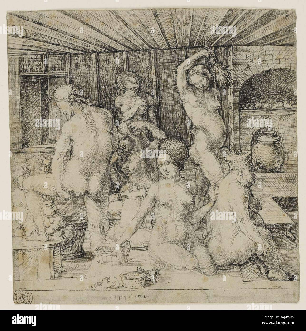 Le dessin à l'encre Das Frauenbad (le bain des femmes) réalisé en 1496 par Albrecht Dürer capture une scène détaillée et classique de femmes baignant. L'œuvre, conservée à la Kunsthalle de Brême, illustre le style graphique précoce de Dürer et la maîtrise des lignes fines. Banque D'Images