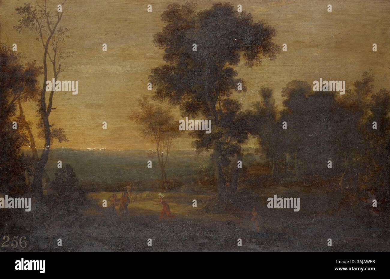 Ce tableau de 1630, attribué à Bartholomeus Breenbergh, montre un paysage boisé avec des figures. L'huile sur toile illustre le genre paysager européen du XVIIe siècle. Banque D'Images