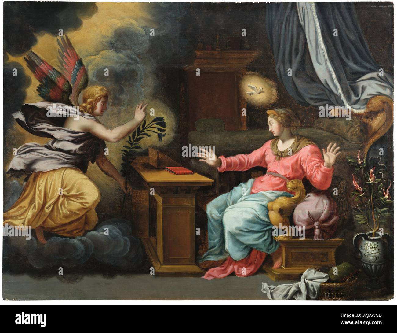Cette peinture de l'Annonciation, attribuée au cercle de Jacob de Backer, reflète l'iconographie religieuse de la fin de la Renaissance. La peinture à l'huile sur bois, basée sur une estampe de Cornelis Cort, représente l'ange Gabriel annonçant à la Vierge Marie. Banque D'Images