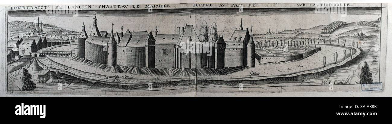 Claude Chastillon (1559-1616) a réalisé cette gravure du Château Maizières, représentant le château historique de France d'après une estampe antérieure. L'œuvre présente l'architecture et la topographie de la région. Banque D'Images