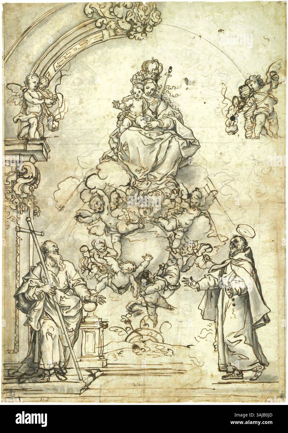 Virgen en gloria con san Felipe y san Francisco (c.1650) de Francisco Rizi représente la Vierge Marie en gloire avec Saint Philippe et Saint François. L'œuvre est exécutée à la plume et à l'encre avec des lavages gris sur papier, montrant des détails délicats des figures des saints dans un style baroque classique. Le dessin fait partie de la collection de la Galerie des Offices. Banque D'Images