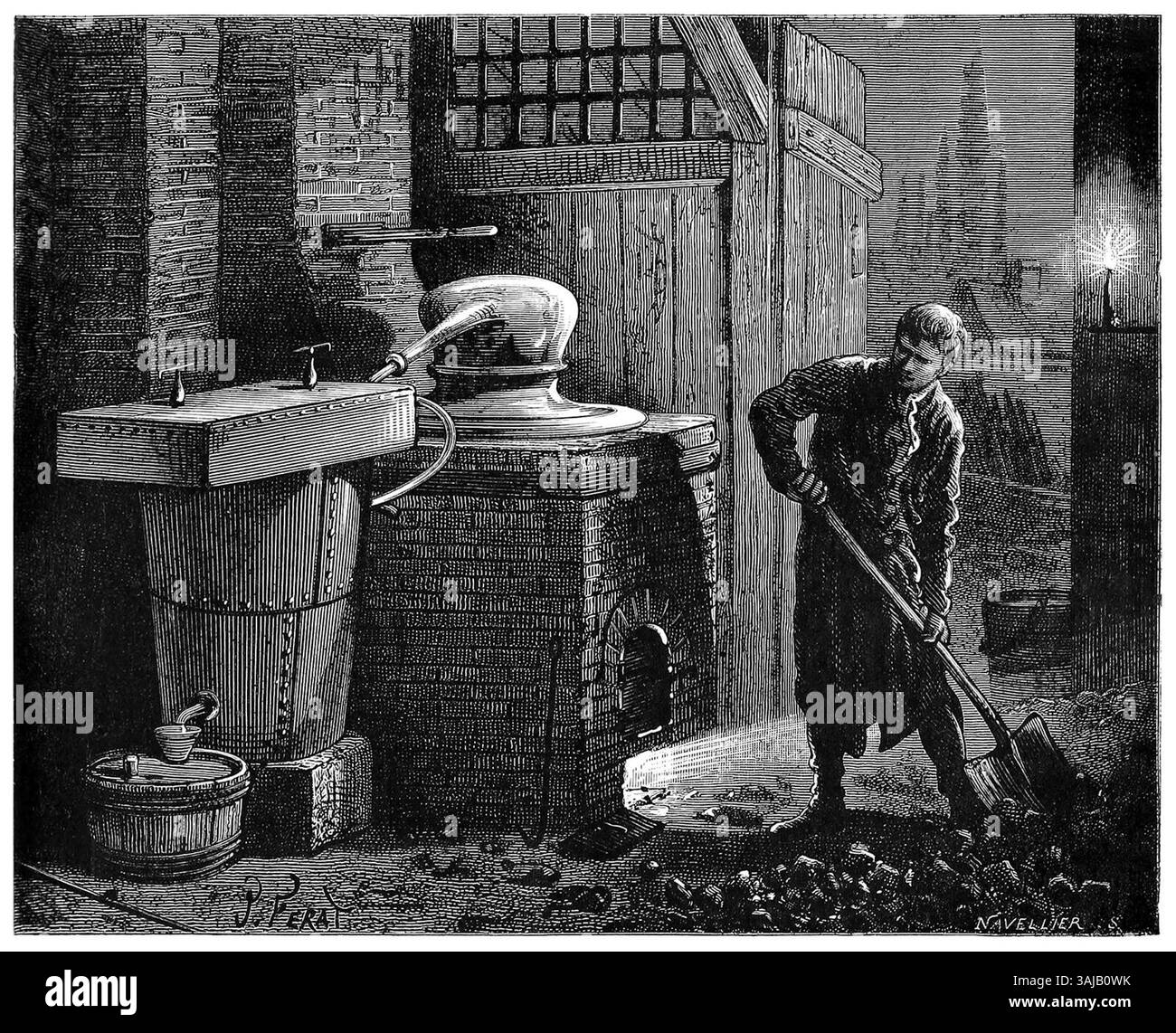 Cette illustration de 1877 de Louis Figuier montre Isaac Bérard travaillant la nuit avec sa machine à distiller. Il reflète le dévouement de l'inventeur à raffiner le procédé de distillation à la fin du XIXe siècle. Banque D'Images
