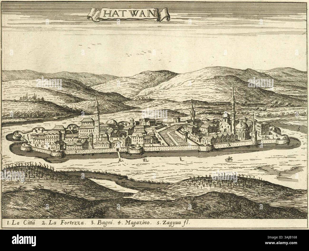 La gravure du château de Hatvan réalisée par Giovanni Giacomo de Rossi en 1683 représente la forteresse de la Hongrie du XVIIe siècle. La pièce est un exemple de gravure européenne historique et met en valeur l'architecture de l'époque. Banque D'Images