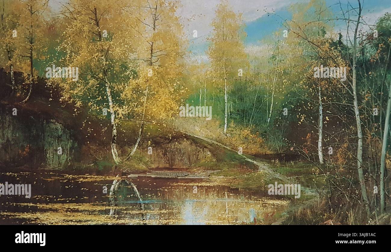 'Höstlandskap' (paysage d'automne) d'Arvid Mauritz Lindström représente les riches couleurs et textures de la campagne suédoise pendant l'automne. La peinture souligne la transition saisonnière, avec un feuillage vibrant et une beauté naturelle sereine. Banque D'Images
