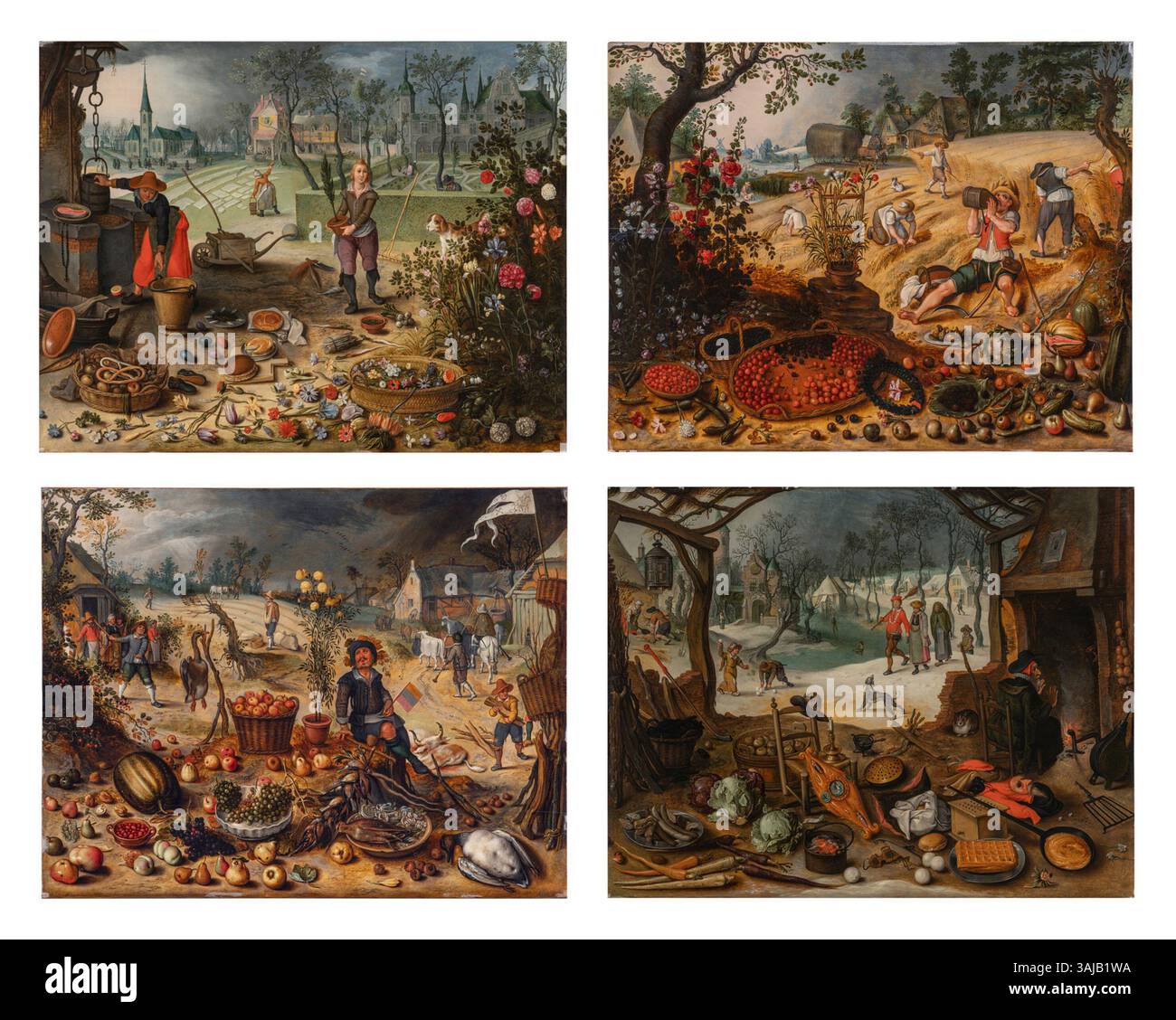 La série de Sebastiaen Vrancx 'The four Seasons' (vers 1620) présente des œuvres d'art de genre illustrant la nature cyclique des saisons à travers de l'huile sur panneau. La série représente diverses scènes associées à chaque saison, montrant à la fois des éléments naturels et des activités humaines qui s'alignent avec les changements de temps de l'année. Banque D'Images