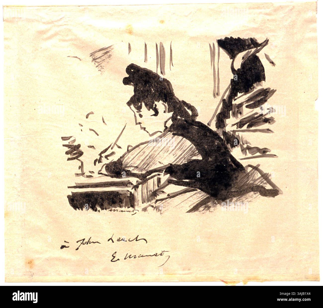 « Woman Writing » d'Édouard Manet, créé avant 1866, représente une femme engagée dans l'écriture, offrant un aperçu de la vie privée. L’utilisation de la lumière et de l’ombre par Manet capture le moment intime. Banque D'Images
